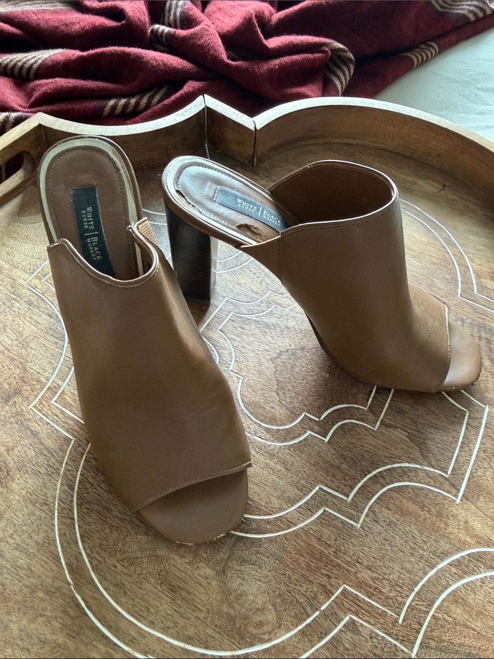 White House Black Market Chestnut Brown Open-Toe Leather Mule Heels